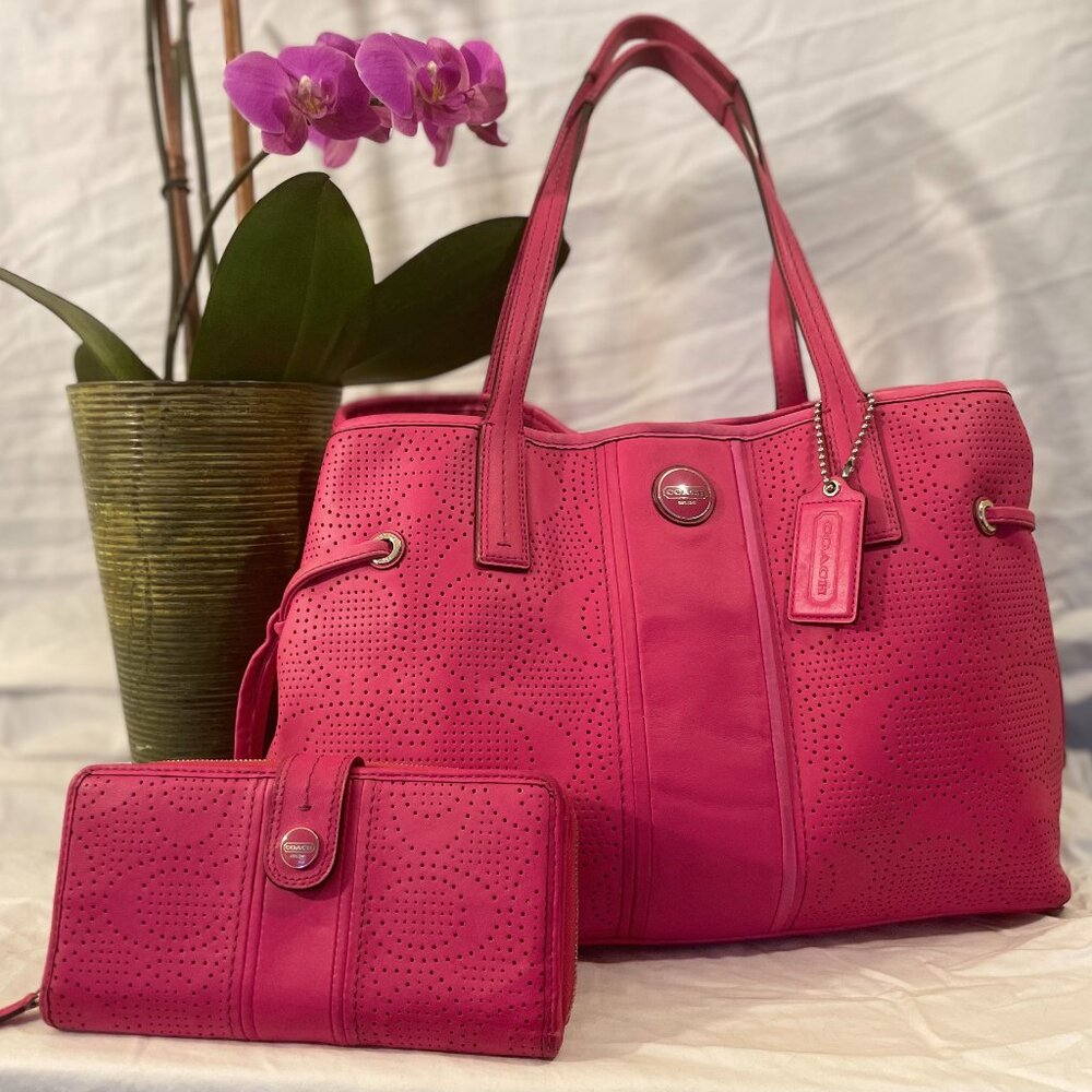 COACH SIS PERFORATED LEATHER CARRYALL TOTE BAG PURSE and WALLET -WATERMELON PINK